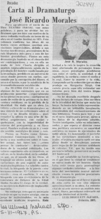 Carta al dramaturgo José Ricardo Morales Carta al dramaturgo José Ricardo Morales