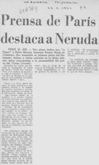 Prensa de París destaca a Neruda. Prensa de París destaca a Neruda.