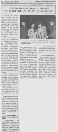 Grupo Tiara estrena el viernes "El toro por las astas" de Radrigán. Grupo Tiara estrena el viernes "El toro por las astas" de Radrigán.
