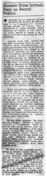 Gonzalo Rojas invitado para un recital poético. Gonzalo Rojas invitado para un recital poético.