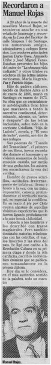 Recordaron a Manuel Rojas. Recordaron a Manuel Rojas.