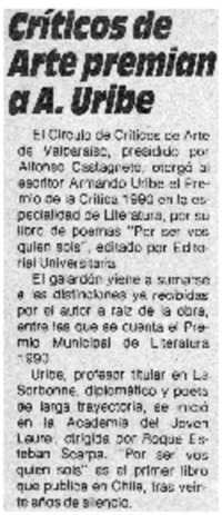 Críticos de arte premian a A. Uribe. Críticos de arte premian a A. Uribe.