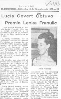 Lucía Gevert obtuvo Premio Lenka Franulic. Lucía Gevert obtuvo Premio Lenka Franulic.