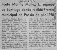 Poeta Marino Muñoz L. regresó de Santiago donde recibió Premio Municipal de Poesía de año 1970 Poeta Marino Muñoz L. regresó de Santiago donde recibió Premio Municipal de Poesía de año 1970