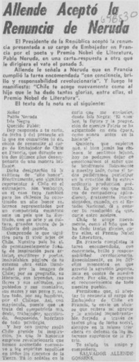 Allende aceptó la renuncia de Neruda Allende aceptó la renuncia de Neruda