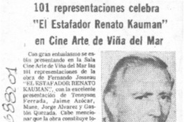 101 representaciones celebra "El estafador Renato Kauman" en cine Arte de Viña del Mar. 101 representaciones celebra "El estafador Renato Kauman" en cine Arte de Viña del Mar.