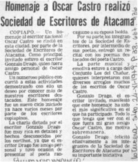 Homenaje a Oscar Castro realizó Sociedad de Escritores de Atacama. Homenaje a Oscar Castro realizó Sociedad de Escritores de Atacama.