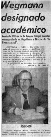 Wegmann designado académico. Wegmann designado académico.