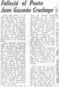 Falleció el poeta Juan Guzmán Cruchaga. Falleció el poeta Juan Guzmán Cruchaga.