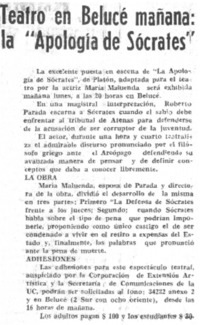 Teatro en Belucé mañana la "Apología de Sócrates". Teatro en Belucé mañana la "Apología de Sócrates".