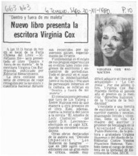 Nuevo libro presenta la escritora Virginia Cox. Nuevo libro presenta la escritora Virginia Cox.