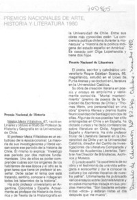 Premios nacionales de arte, historia y literatura 1980. Premios nacionales de arte, historia y literatura 1980.