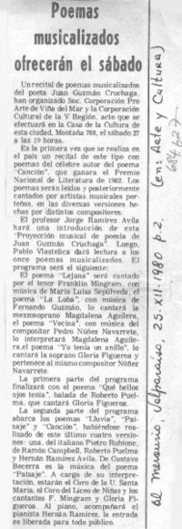 Poemas musicalizados ofrecerán el sábado. Poemas musicalizados ofrecerán el sábado.