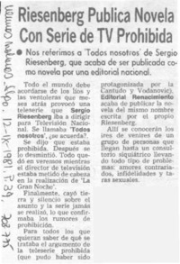 Riesenberg publica novela con serie de TV prohibida. Riesenberg publica novela con serie de TV prohibida.