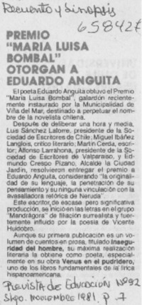 Premio "María Luisa Bombal" otorgan a Eduardo Anguita. Premio "María Luisa Bombal" otorgan a Eduardo Anguita.