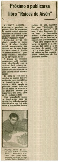 Próximo a publicarse libro "Raíces de Aisén". Próximo a publicarse libro "Raíces de Aisén".
