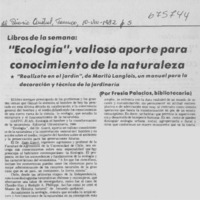 Ecología", valioso aporte para conocimiento de la naturaleza Ecología", valioso aporte para conocimiento de la naturaleza