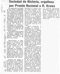 Sociedad de Historia, orgullosa por Premio Nacional a R. Krews. Sociedad de Historia, orgullosa por Premio Nacional a R. Krews.