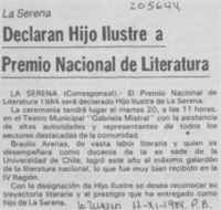 Declaran hijo ilustre a Premio Nacional de Literatura. Declaran hijo ilustre a Premio Nacional de Literatura.