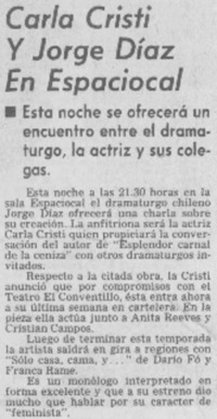 Carla Cristi y Jorge Díaz en Espaciocal Carla Cristi y Jorge Díaz en Espaciocal
