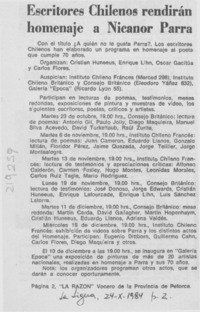 Escritores chilenos rendirán homenaje a Nicanor Parra Escritores chilenos rendirán homenaje a Nicanor Parra