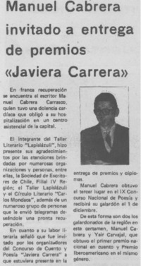 Manuel Cabrera invitado a entrega de premios "Javiera Carrera" Manuel Cabrera invitado a entrega de premios "Javiera Carrera"