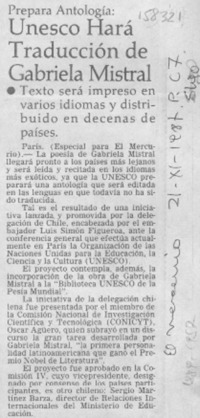 UNESCO hará traducción de Gabriela Mistral UNESCO hará traducción de Gabriela Mistral