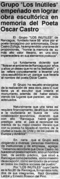 Grupo "Los Inútiles" empeñado en lograr obra escultórica en memoria del poeta Oscar Castro Grupo "Los Inútiles" empeñado en lograr obra escultórica en memoria del poeta Oscar Castro
