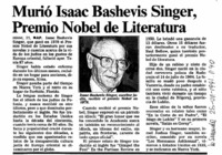 Murió el escritor Isaac Bashevis Singer, Premio Nobel de Literatura Murió el escritor Isaac Bashevis Singer, Premio Nobel de Literatura
