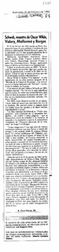 Schwob, maestro de Oscar Wilde, Valery, Mallarmé y Borges Schwob, maestro de Oscar Wilde, Valery, Mallarmé y Borges