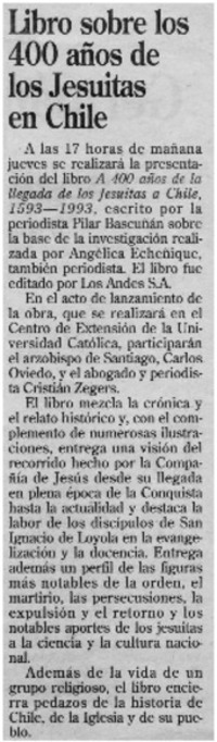 Libro sobre los 400 años de los jesuitas en Chile Libro sobre los 400 años de los jesuitas en Chile