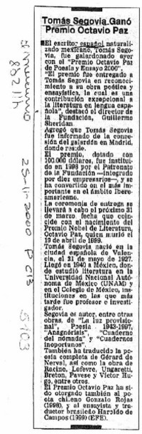Tomás Segovia ganó Premio Octavio Paz <artículo> Tomás Segovia ganó Premio Octavio Paz <artículo>