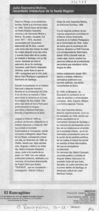 Julio Saavedra Molina, recordado intelectual de la sexta región Julio Saavedra Molina, recordado intelectual de la sexta región