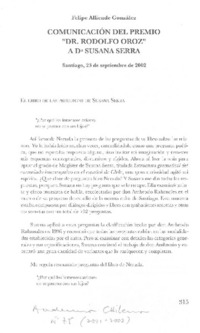 Comunicación del Premio "Dr. Rodolfo Oroz" a Da. Susana Serra. Comunicación del Premio "Dr. Rodolfo Oroz" a Da. Susana Serra.
