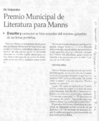 Premio Municipal de Literatura para Manns. Premio Municipal de Literatura para Manns.