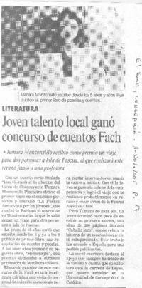 Joven talento local ganó concurso de cuentos Fach. Joven talento local ganó concurso de cuentos Fach.
