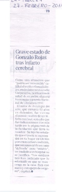 Grave estado de Gonzalo Rojas tras infarto cerebral Grave estado de Gonzalo Rojas tras infarto cerebral