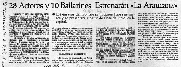 28 actores y 10 bailarines estrenarán "La Araucana"  [artículo].