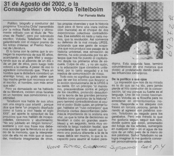 31 de agosto del 2002, o la Consagración de Volodia Teitelboim  [artículo] Pamela Mella
