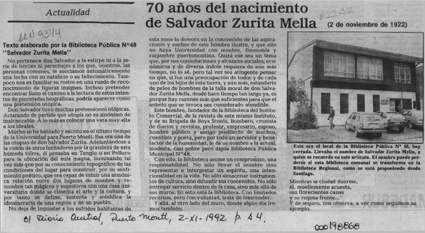 70 años del nacimiento de Salvador Zurita Mella  [artículo].