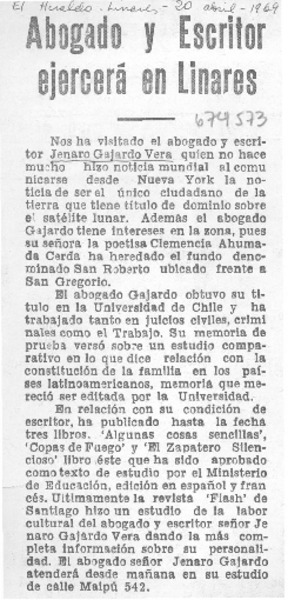 Abogado y escritor ejercerá en Linares.