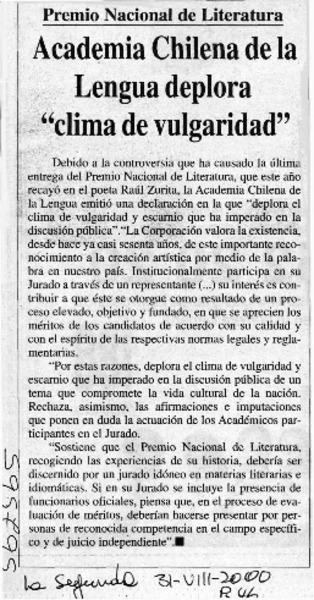 Academia Chilena de la Lengua deplora "clima de vulgaridad"  [artículo]