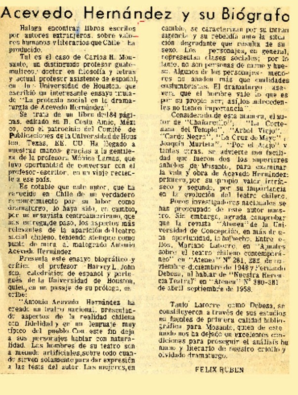 Acevedo Hernández y su biógrafo  [artículo] Félix Rubén.