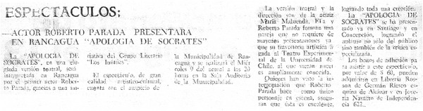 Actor Roberto Parada presentará en Rancagua "Apología de Sócrates".