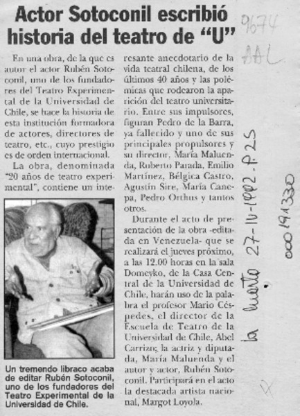 Actor Sotoconil escribió historia del teatro de "U"  [artículo].
