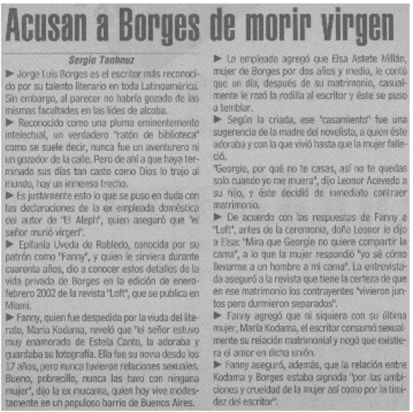 Acusan a Borges de morir virgen