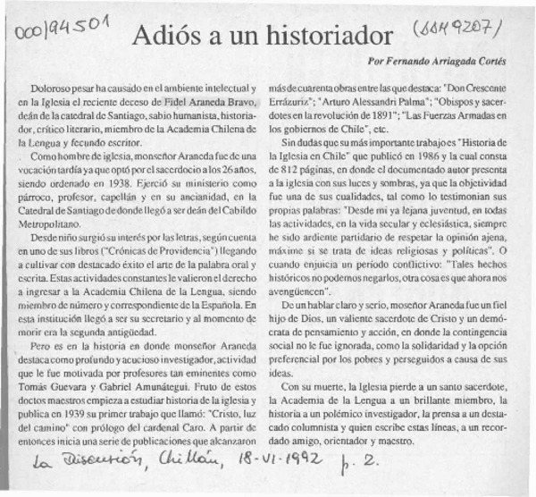 Adiós a un historiador  [artículo] Fernando Arriagada Cortés.