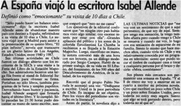 A España viajó la escritora Isabel Allende