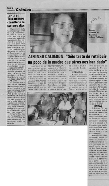 Alfonso Calderón, "Sólo trato de retribuir un poco de lo mucho que otros nos han dado"  [artículo]