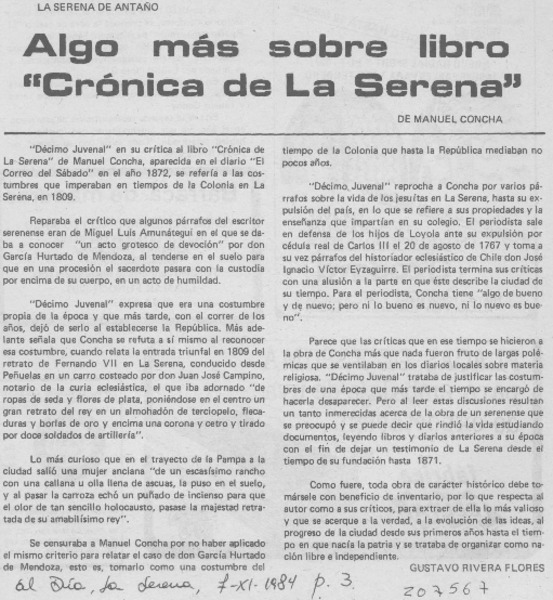 Algo más sobre libro "Crónica de La Serena"